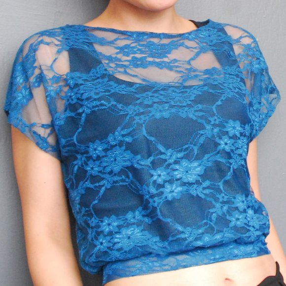 Short Sleeve Blue Lace Top - Picture 1 of 4